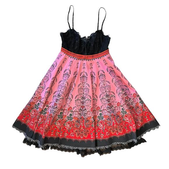 Vintage Anna Sui Archival Party Dress Black Lace Sparkling Print Pink Skirt - Picture 11 of 13